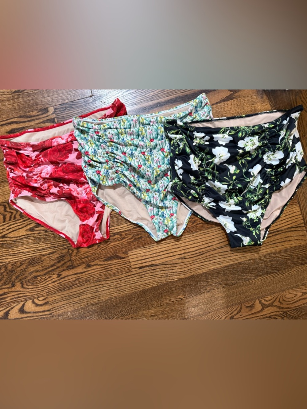 Kortni Jeane Floral High-Waist Bikini Bottoms - Red, Mint, Black